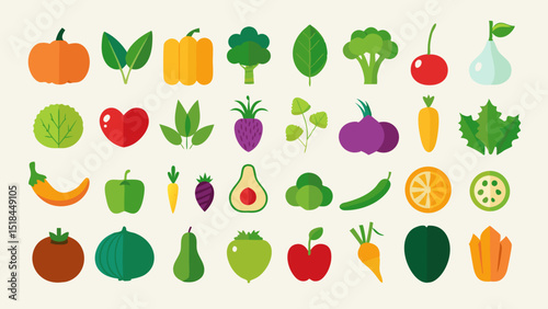 Collection of Colorful Flat Design Vegetable Icons Various fruits and vegetables depicted flat design style vegetables fruits icons flat design illustration healthy food food produce