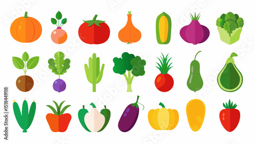 Collection of Colorful Flat Vector Vegetable Icons set various vegetables flat design style including pumpkin tomato onion and more vegetables fruits food icons flat design