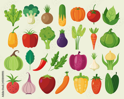 Colorful Collection of Fresh Fruits and Vegetables Flat illustrations various fruits vegetables including tomatoes peppers cucumbers more vegetables fruits tomato pepper cucumber broccoli carrot corn