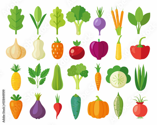Colorful Flat Illustration of Various Vegetables Collection colorful vegetable icons flat design style vegetables fruits illustration flat design healthy food food icons carrot broccoli tomato
