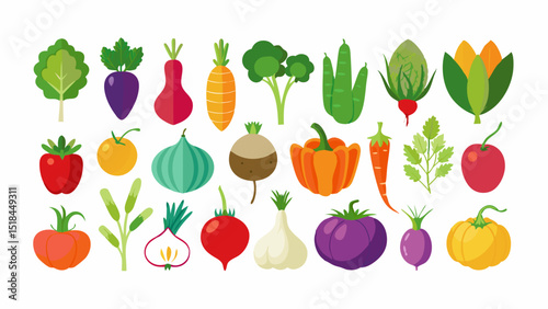 Colorful Collection of Various Vegetables Flat illustration diverse vegetables including roots fruits and leafy greens vegetables fruits illustration food healthy colorful flat design carrot tomato