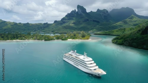 Marvel at the splendid cruise ship navigating the stunning turquoise lagoon surrounded by lush green mountains in Bora Bora