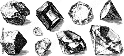 Intricate engraved illustration set featuring diverse crystal patterns for design projects