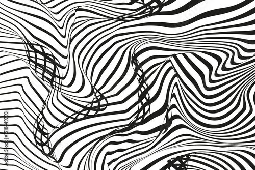 Black and white hallucination. Optical illusion. Twisted illustration. Abstract futuristic background of stripes. Dynamic wave