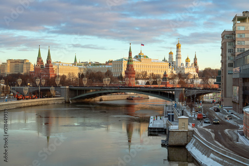 Grand Kremlin Palace, the ensemble of the Moscow Kremlin against the background of the Large Stone Bridge over the Moskva River, Moscow, Russia