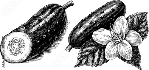 Engraved cucumber illustration with flower and leaf for botanical design