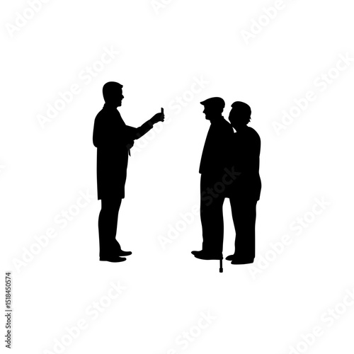 A doctor is consulting two elderly people on a mobile phone vector.