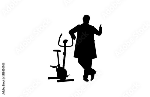 A doctor stands next to a cross-trainer machine vector.