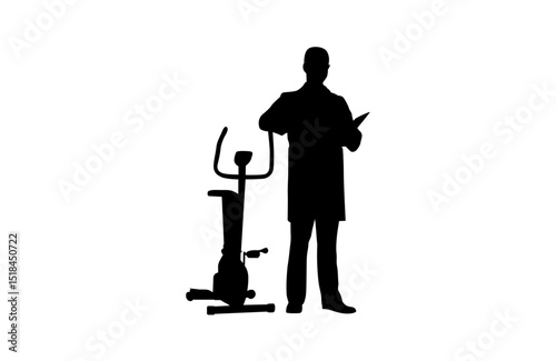 A doctor stands next to a cross-trainer machine vector.
