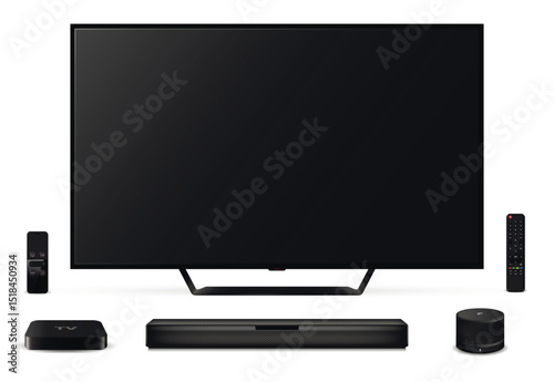 Realistic smart tv with remote control, sound bar, tv set-top box and smart speaker isolated on white background