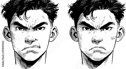 Engraved illustration of determined facial expressions for artistic design and print