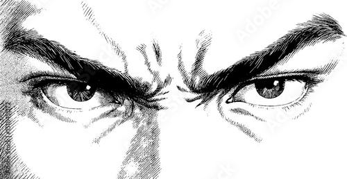 Intense gaze of determination: detailed engraved face illustration