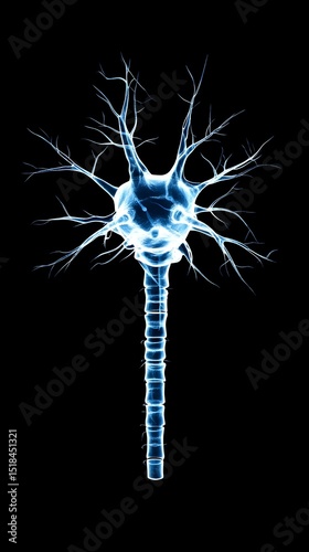 Detailed digital rendering of a neuron, showcasing its soma, axon, and branching dendrites against a black background