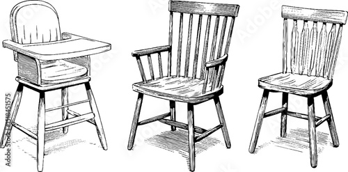 Engraved illustration set featuring dining and high chairs for interior design