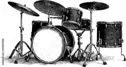 Detailed drum set and drumsticks engraved illustration for music enthusiasts