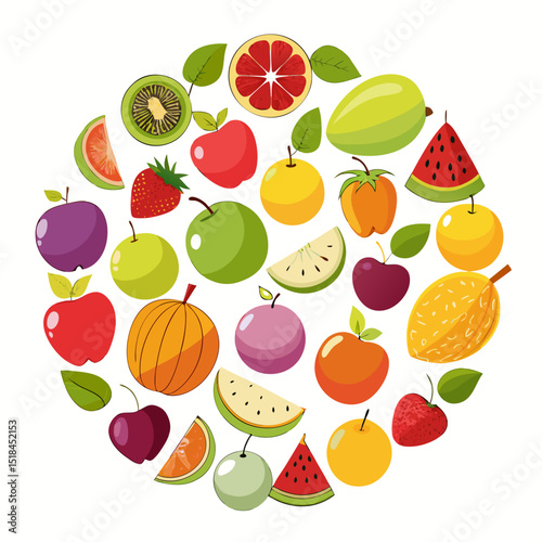Colorful Circle of Fruits and Vegetables Circular arrangement various fruits vegetables vibrant colors fruits vegetables circle pattern apple orange grapefruit kiwi watermelon mango plum strawberry