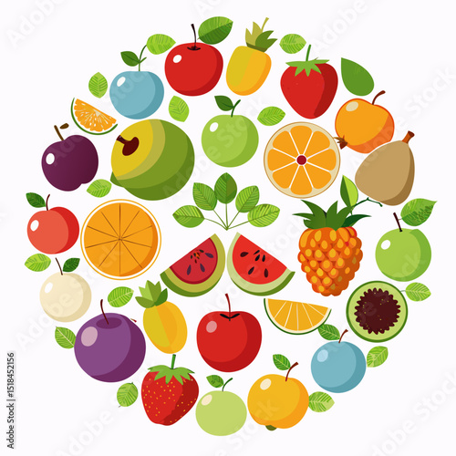Colorful Variety of Fruits in a Circular Design circular arrangement various fruits including apples oranges plums kiwi and more with leaves fruits apples oranges plums