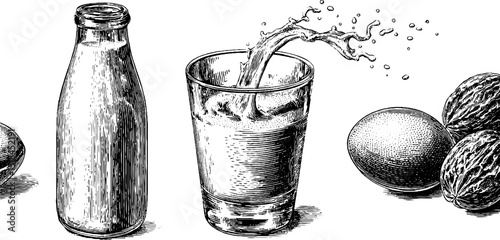 Vintage eggnog illustration with glass, jug, and eggs for festive holiday design