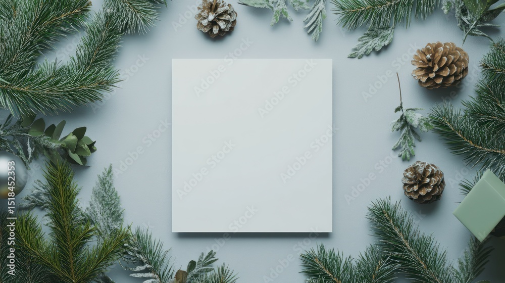 Minimalist festive blank square mockup surrounded by seasonal winter foliage Minimalist festive blank square mockup surrounded by seasonal winter foliage