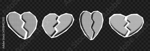 Vector set of halftone broken hearts png. Halftone broken hearts in retro pop art style for collage. Hearts cut out from newspaper.