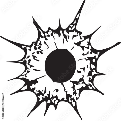 Bullet Hole from Gun Shot Vector Illustration, Sketch Drawing Line Linear Symbol Icon Engraving Coloring Book, Hand-drawn Black and White Isolated