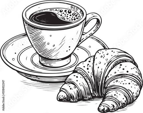 Cup of coffee and croissant, French Breakfast, Vector Illustration, Sketch Drawing Line Linear Symbol Icon Engraving Coloring Book, Hand-drawn Black and White Isolated