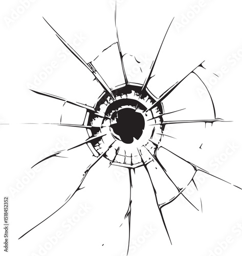 Bullet Hole from Gun Shot Vector Illustration, Sketch Drawing Line Linear Symbol Icon Engraving Coloring Book, Hand-drawn Black and White Isolated