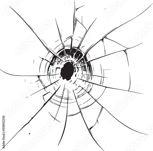 Bullet Hole from Gun Shot Vector Illustration, Sketch Drawing Line Linear Symbol Icon Engraving Coloring Book, Hand-drawn Black and White Isolated