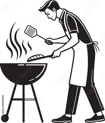 Man Cooking on Grill BBQ Barbecue Vector Illustration, Sketch Drawing Line Linear Symbol Icon Engraving Coloring Book, Hand-drawn Black and White Isolated