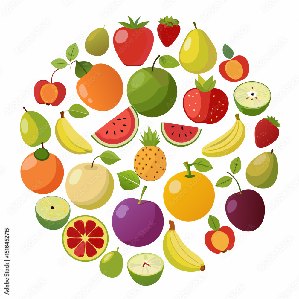 Colorful Circle of Fresh Fruits vibrant circular arrangement various fruits including apples oranges bananas and berries fruits circle illustration apple orange banana strawberry watermelon grape Colorful Circle of Fresh Fruits vibrant circular arrangement various fruits including apples oranges bananas and berries fruits circle illustration apple orange banana strawberry watermelon grape