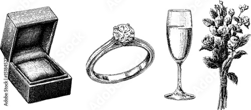Elegant jewelry and celebration symbol engraving set featuring engagement ring and accessories
