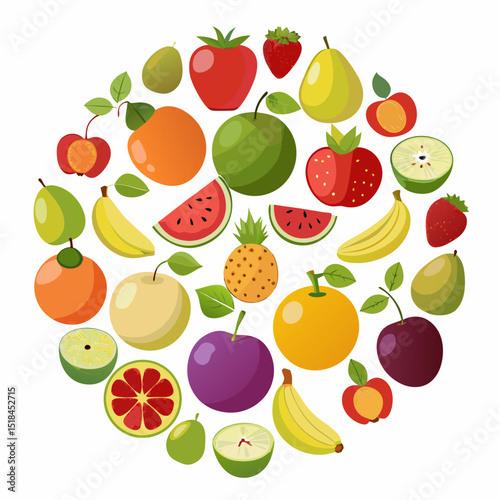 Colorful Circle of Fresh Fruits vibrant circular arrangement various fruits including apples oranges bananas and berries fruits circle illustration apple orange banana strawberry watermelon grape