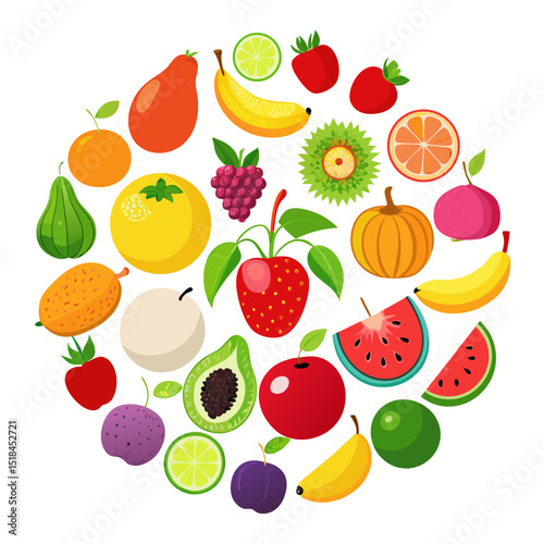 Colorful Circle of Various Fruits Circular arrangement various colorful fruits including slices and whole fruits fruits fruit circle illustration vector apple banana strawberry orange grape