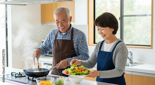 日本人シニア夫婦のセカンドライフ・笑顔で料理（老夫婦）