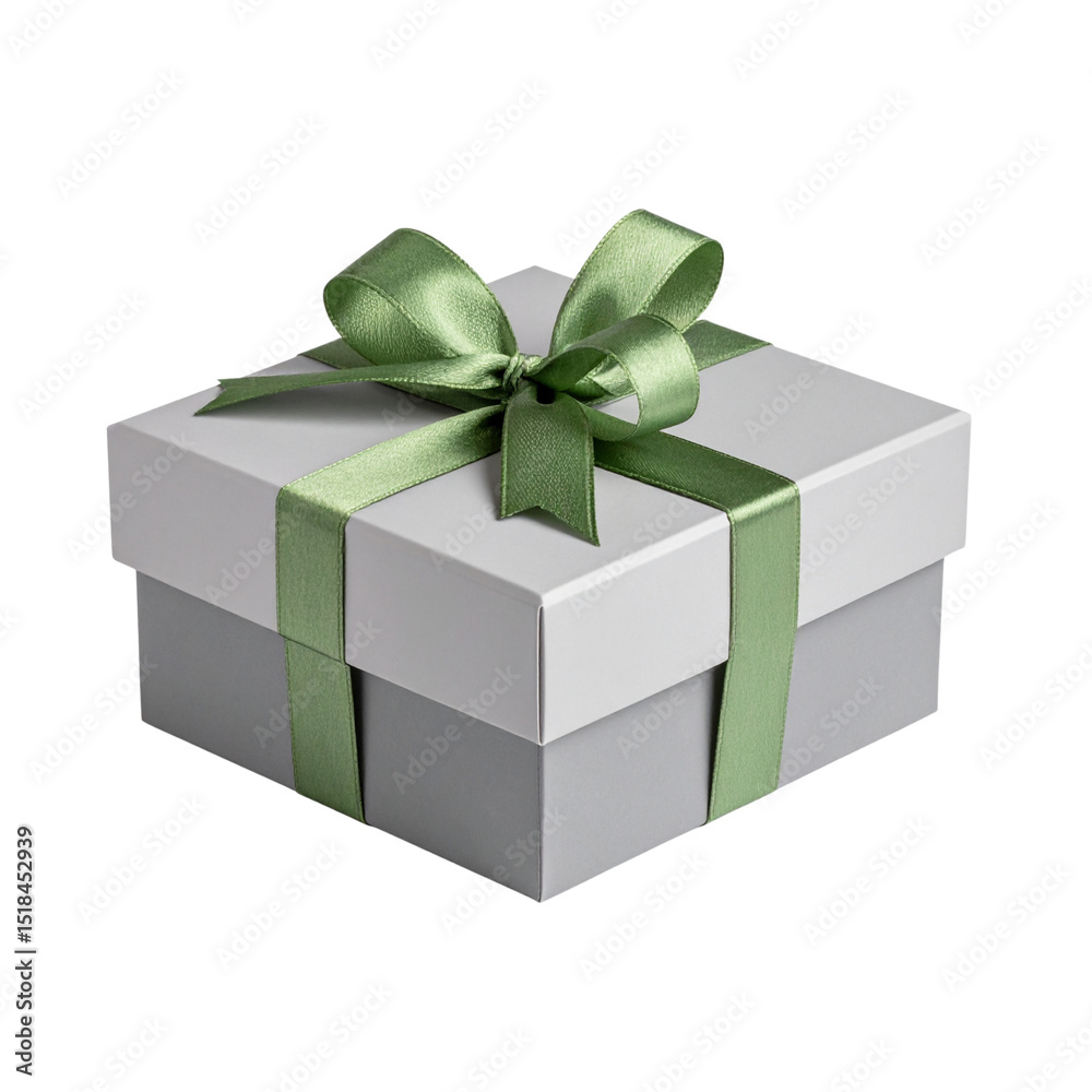 Obraz premium Chic Gray Present Box with Pale Green Ribbon – Classy Gift Decoration PNG 
