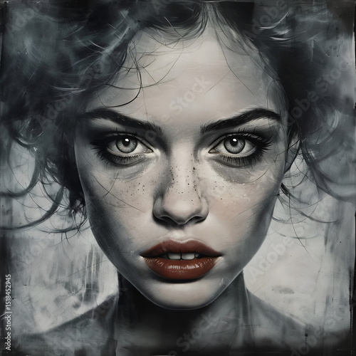 volto di bella e giovane donna dagli occhi verdi e capelli corti e castani, face of a beautiful young woman with green eyes and short brown hair