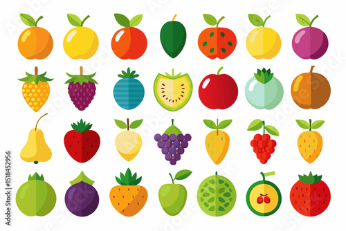 Colorful Flat Design Fruit Icons Collection various fruits flat design style whole and sliced fruit icons flat design illustration apple orange banana strawberry grape watermelon