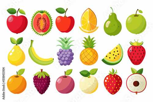 Colorful Flat Illustration of Various Fruits Collection cartoon fruit icons vibrant colors fruits fruit icons illustration apple orange pear banana pineapple grapes strawberry watermelon kiwi