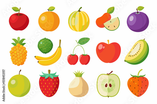 Colorful Collection of Fruits in Flat Design Style Various fruits depicted cartoonish flat style including apples oranges melons plums and more fruits apple orange melon