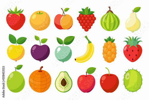 Colorful Flat Design Fruit Illustrations Collection various fruits vibrant colors fruit illustration design flat colorful apple orange strawberry banana peach pear watermelon raspberry plum kiwi