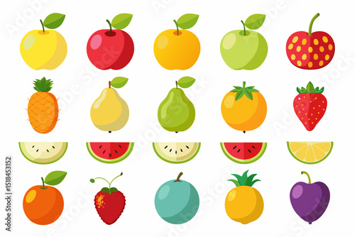 Collection of Colorful Flat Fruit Illustrations Various fruits displayed flat design style including apples pears oranges strawberries pineapples and more fruit apples oranges strawberries pineapples