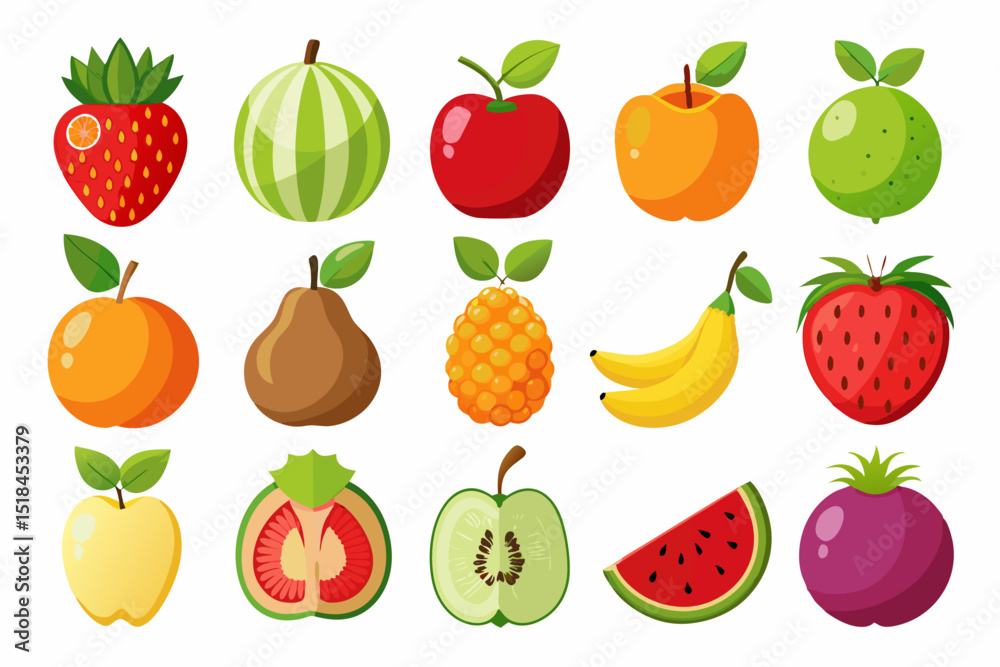 Collection of Colorful Cartoon Fruits Flat illustration various whole and sliced fruits fruits fruit illustration cartoon fruits apple watermelon strawberry banana pear kiwi pineapple apricot Collection of Colorful Cartoon Fruits Flat illustration various whole and sliced fruits fruits fruit illustration cartoon fruits apple watermelon strawberry banana pear kiwi pineapple apricot