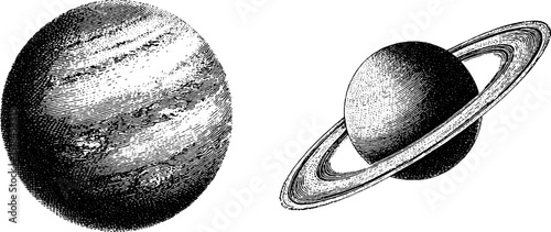 Engraved illustration of exoplanet discovery set with detailed planetary rings