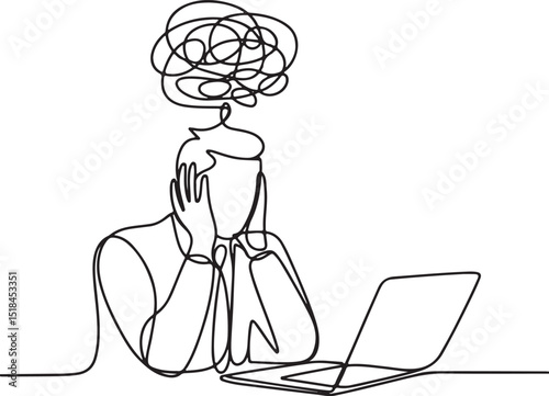 Continuous line drawing of stressed businessman with mental burden and depression due to office work pressure


