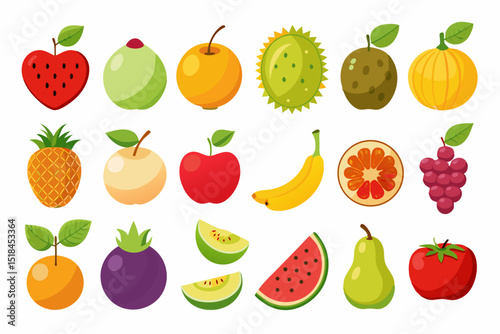 Collection of Colorful Cartoon Fruits Flat illustration various fruits including apples bananas grapes and more fruits illustration apple banana strawberry grapes orange pineapple watermelon pear