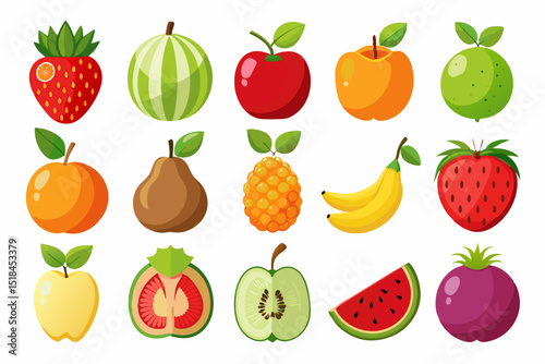 Collection of Colorful Cartoon Fruits Flat illustration various whole and sliced fruits fruits fruit illustration cartoon fruits apple watermelon strawberry banana pear kiwi pineapple apricot