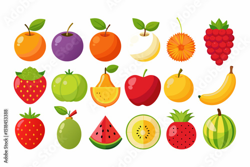 Colorful Flat Illustration of Various Fruits Collection cartoon style fruit icons vibrant colors fruits fruit icons illustration flat design apple orange banana strawberry plum pear watermelon