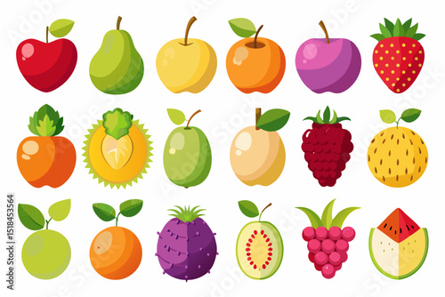 Collection of Colorful Flat Fruit Illustrations Various fruits flat design style including apples pears berries and more fruit apple pear strawberry berry raspberry orange kiwi