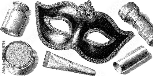 Intricate engraved illustration of fancy dress accessories with mask and cosmetic items