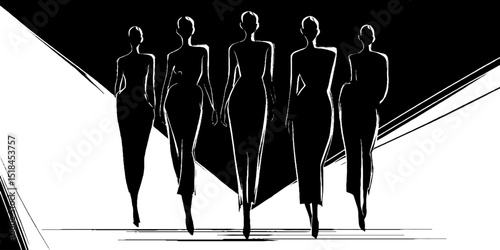 Elegant fashion models on runway in stylish engraved illustration design